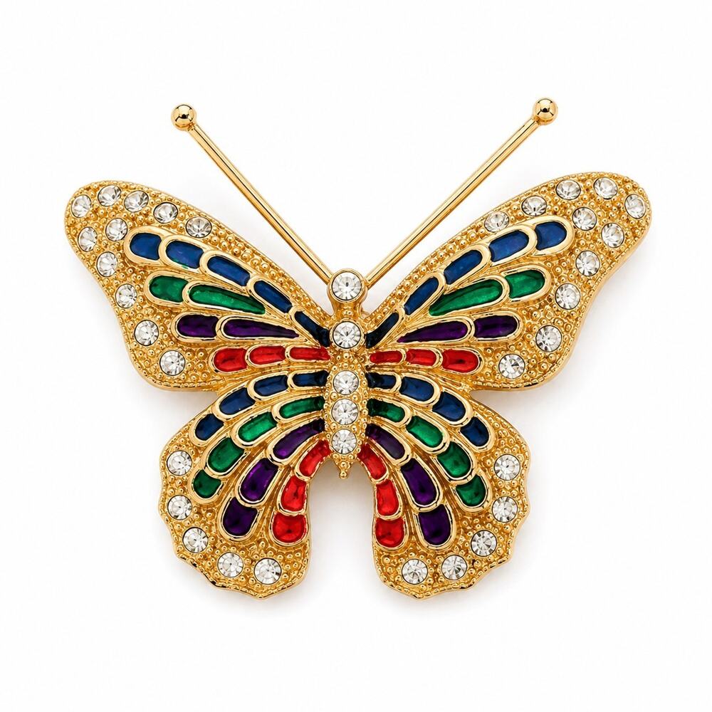 Vtg Gold Tone Enamel Butterfly Brooch Rhinestone Accent Multi Color Insect Pin